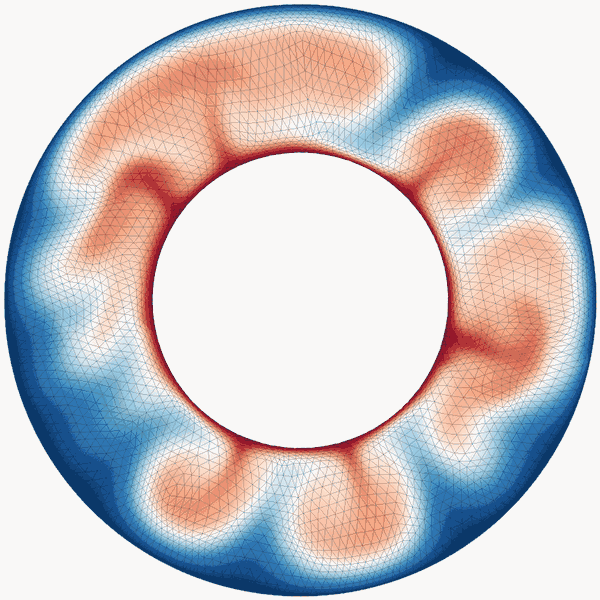 Animated cross-section of a convecting annulus. Warm upwellings and cool downwellings develop and migrate, and the triangular mesh visibly tightens around the thermal boundary layers and the plume margins, following them as they move.