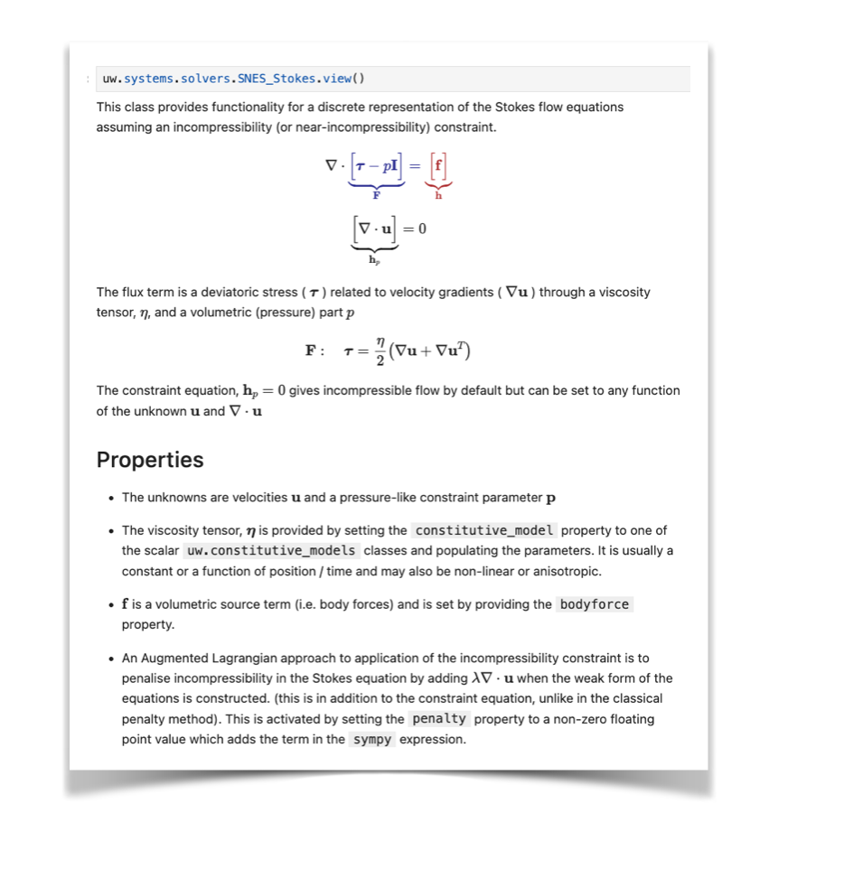 A Jupyter notebook in which we ask the Stokes solver class to describe itself before we decide if this is what we want to use, and it also tells us what variables we need (or will be given) when we set it up.