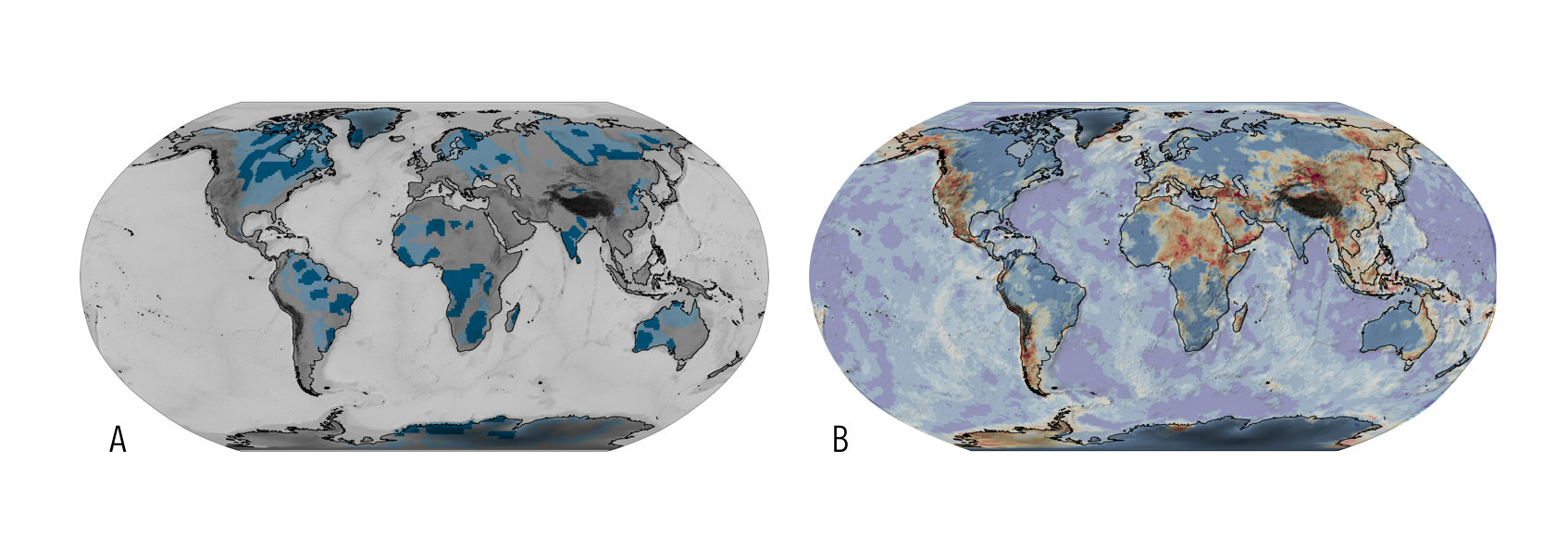 (A) Map of the Archean Cratonic crust (dark blue) identified from the Crust 1.0 model and paleoproterozoic crust in pale blue. (B) A map of the relative thickness of crust to lithosphere (also from Crust 1.0) which tends to pick stable zones in blue shades from deforming zones in red. dataset.