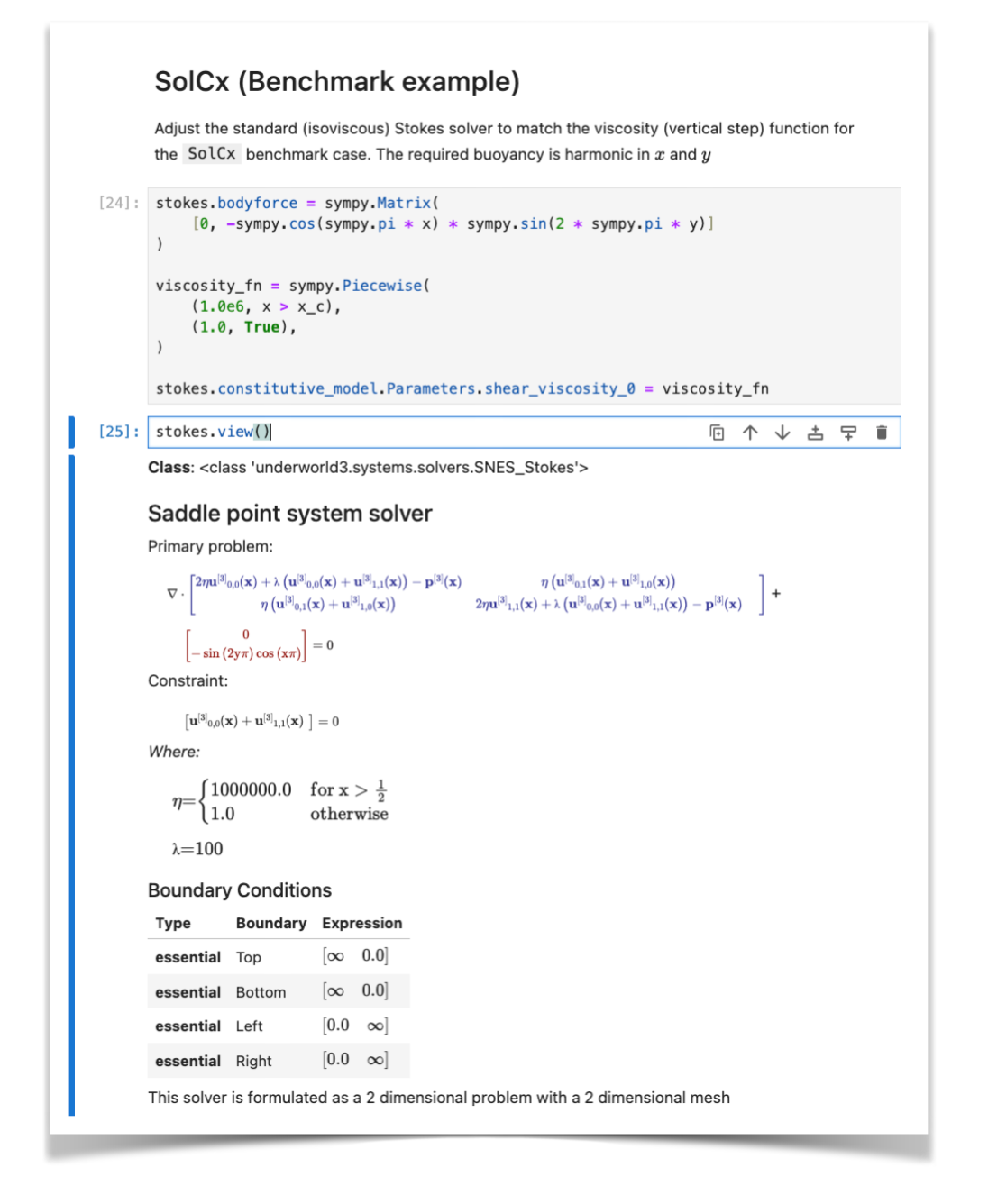 A Jupyter notebook in which we set up a Stokes solver for a typical benchmark problem which has a spatially variable buoyancy force term, and a vertical step in viscosity.